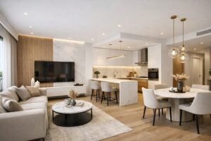 apartment renovation Dubai modern open plan living kitchen luxury