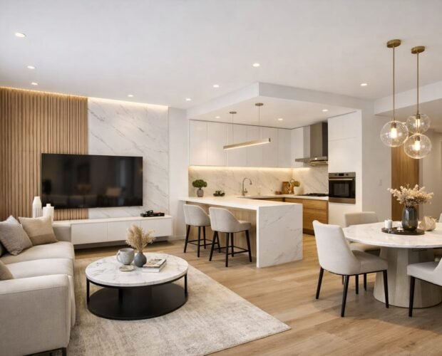 apartment renovation Dubai modern open plan living kitchen luxury