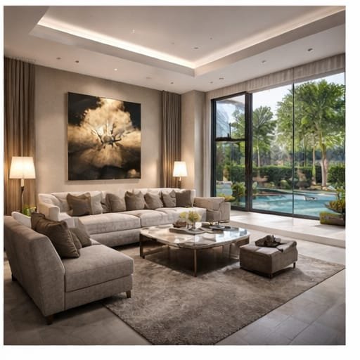 Modern living room renovation in Arabian Ranches villa with luxury interior design