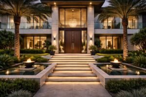 Luxury villa entrance after renovation in Dubai Hills Estate with modern architecture and landscape lighting.