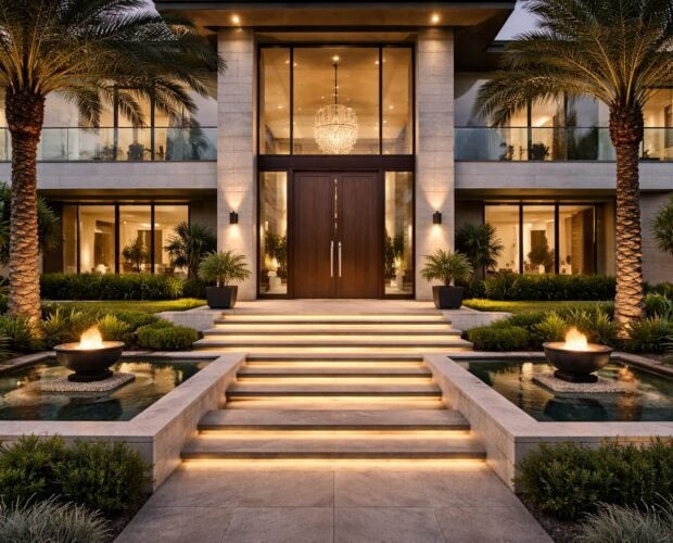 Luxury villa entrance after renovation in Dubai Hills Estate with modern architecture and landscape lighting.
