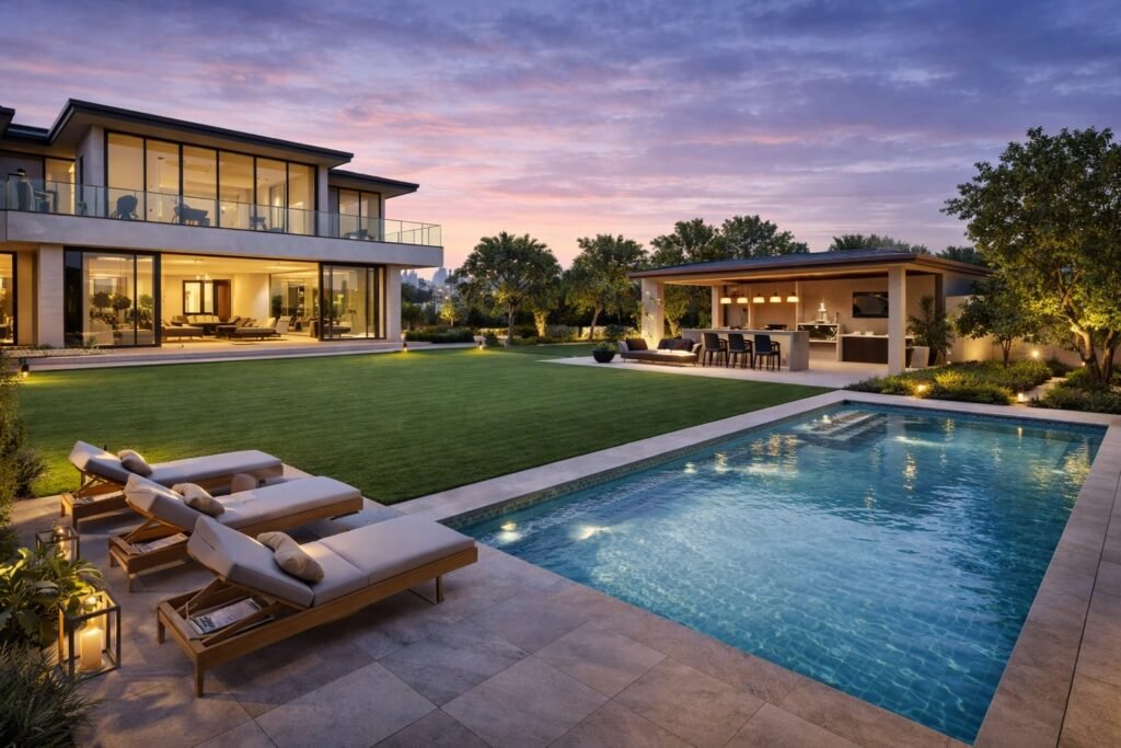 Luxury villa backyard renovation in Dubai Hills Estate with swimming pool, gazebo, barbecue area and sun loungers.