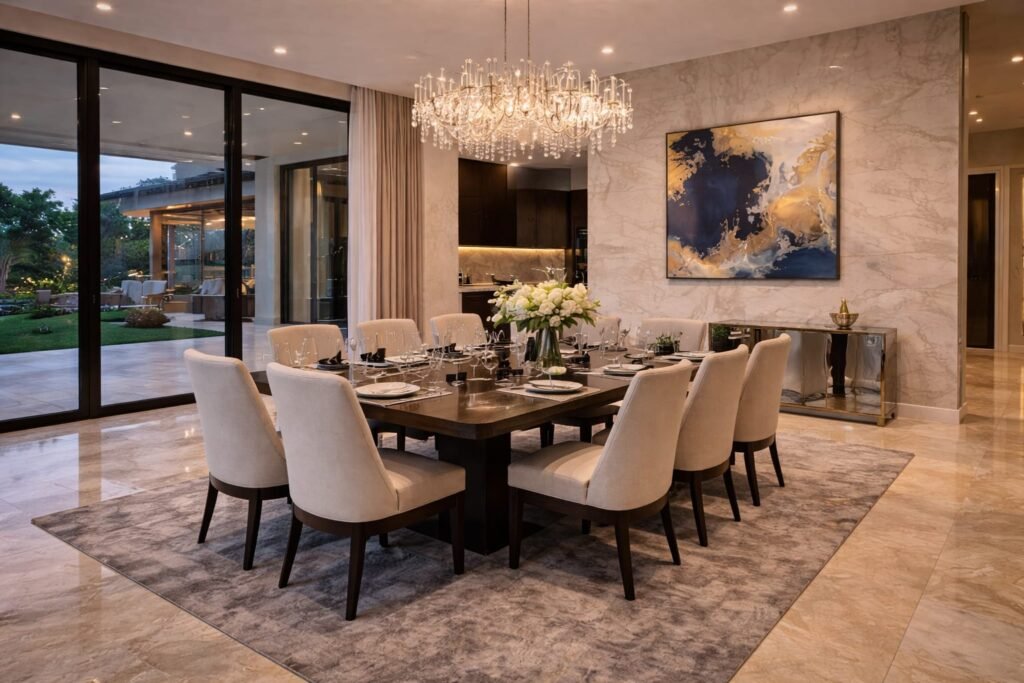 Luxury dining room renovation in Dubai Hills Estate villa with modern dining table and designer lighting.