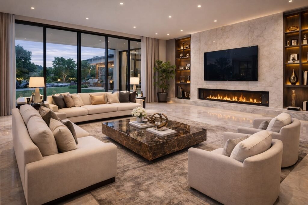 Luxury living room renovation in Dubai Hills Estate villa with marble floor, modern sofa, coffee table and TV wall fireplace.