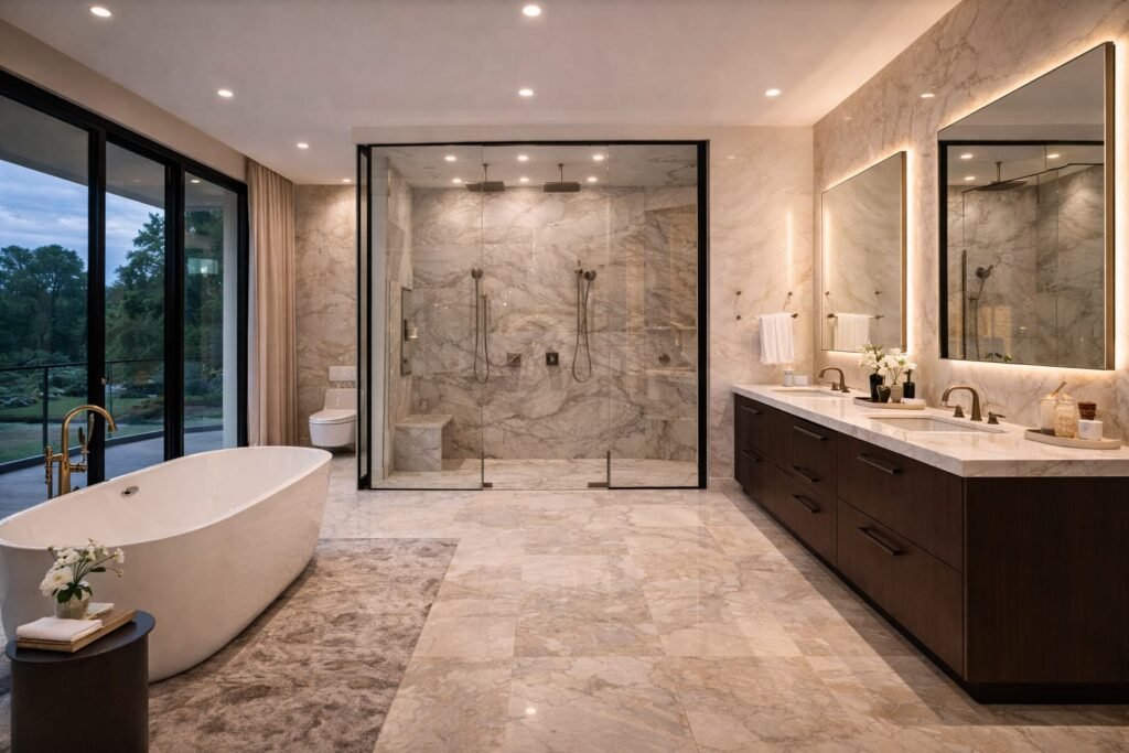 Luxury master bathroom renovation in Dubai Hills Estate villa with bathtub, rain shower and double vanity