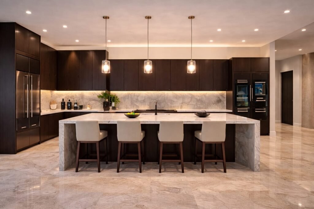 Modern open kitchen renovation in Dubai Hills Estate villa with island counter and luxury cabinets.