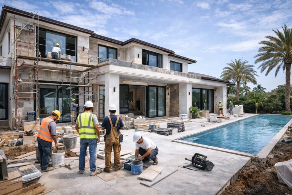 Construction team renovating a luxury villa exterior in Dubai
