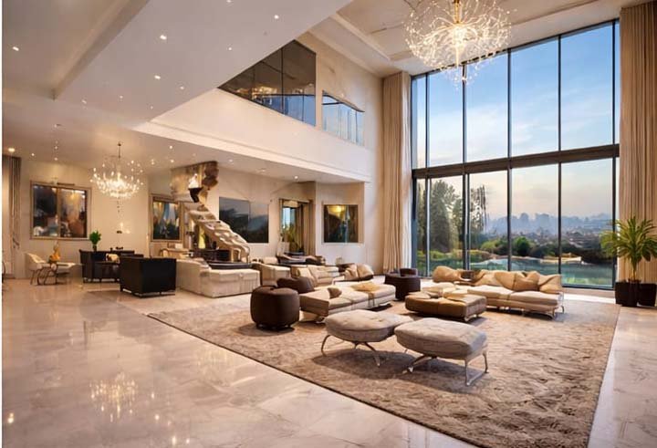 modern luxury living room renovation in Emirates Hills Dubai villa