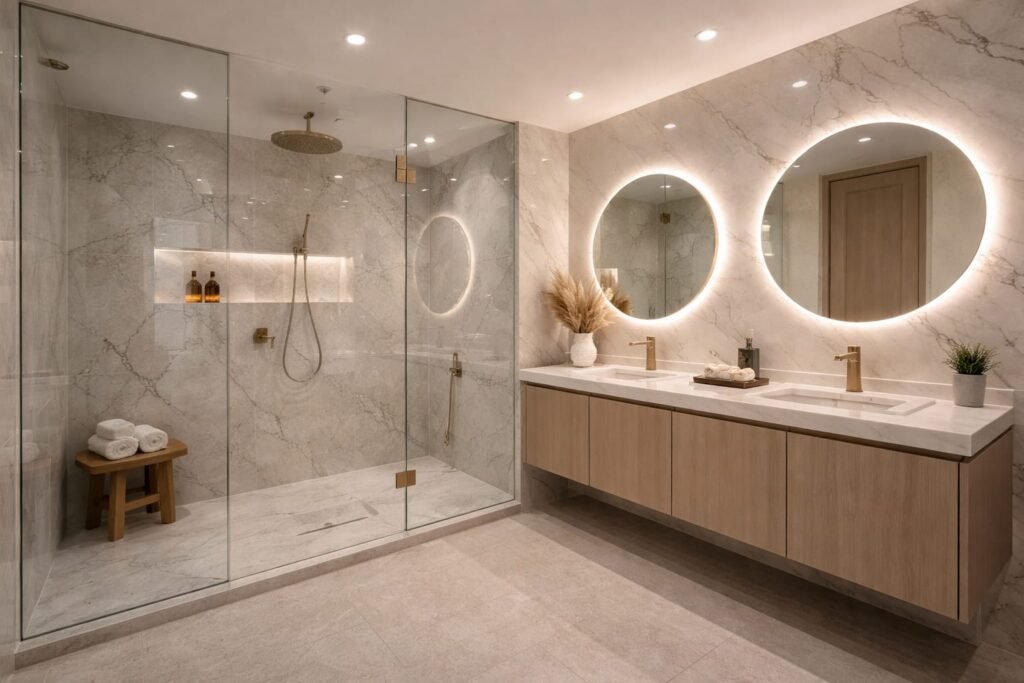 A modern luxury bathroom featuring a large glass walk-in shower, a floating wood vanity, and two circular backlit mirrors.