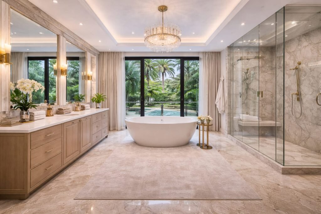 Luxury master bathroom renovation with bathtub and walk in shower