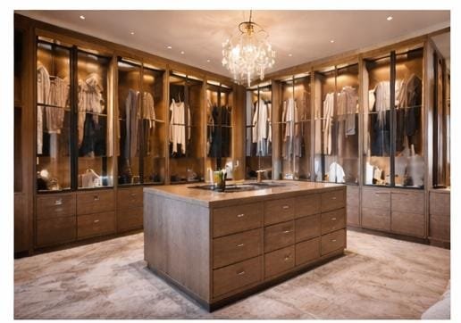 Luxury walk-in closet carpentry with glass wardrobe doors and wooden shelving.