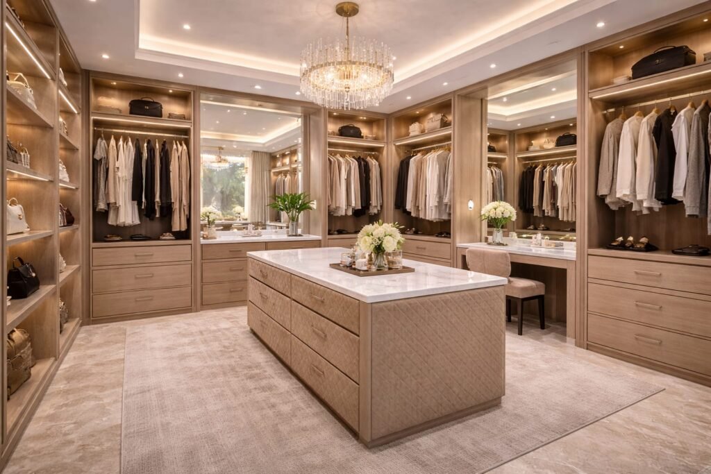 Luxury walk-in closet with wooden cabinets in Dubai villa