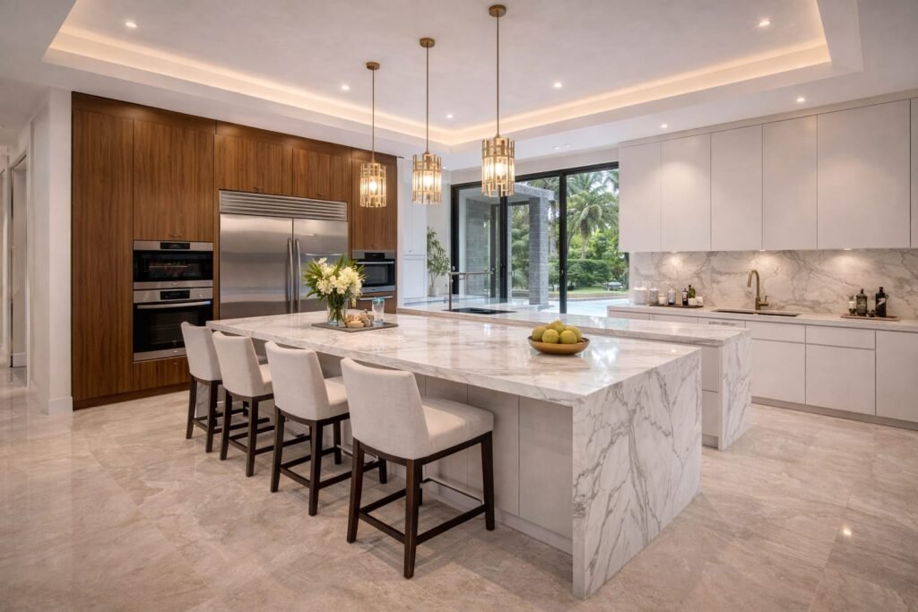 Modern luxury kitchen renovation with marble island in Dubai villa
