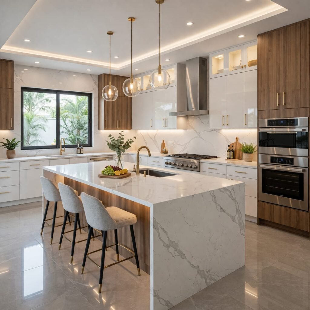 A modern renovated kitchen featuring a large white marble waterfall island, gold pendant lights, and dark wood cabinetry.