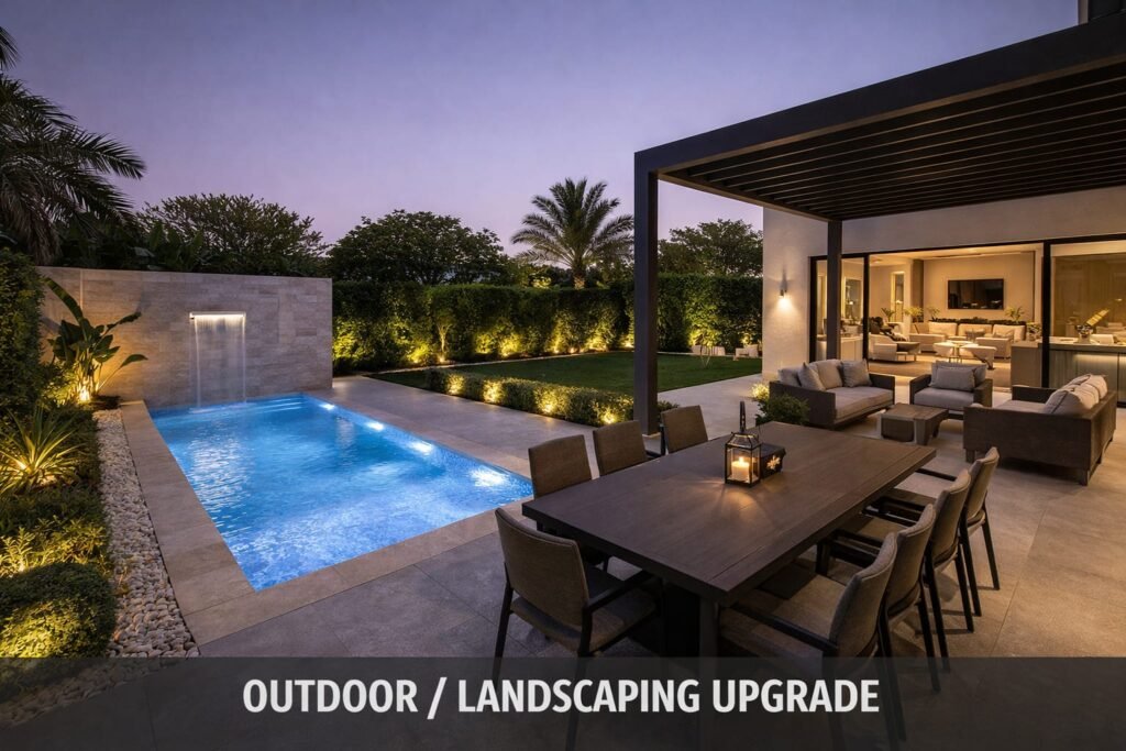 A luxury villa exterior at dusk featuring a modern swimming pool, sunken seating area, and illuminated patio.