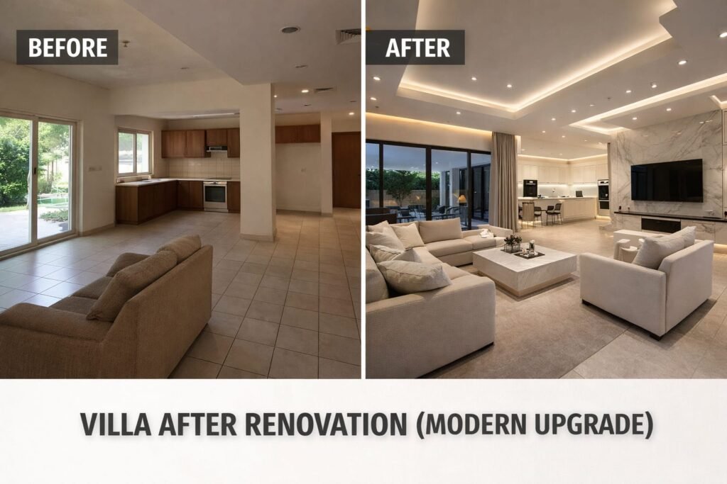 Side-by-side comparison of a villa living room before and after a modern luxury renovation.