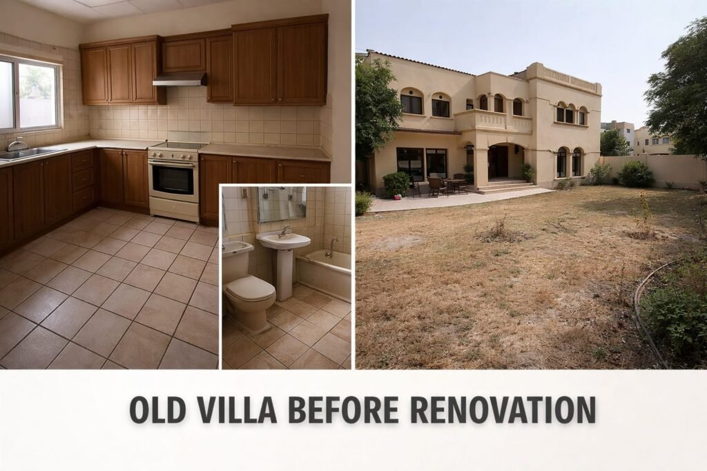 A collage showing the kitchen, bathroom, and exterior of an old villa before a renovation project.
