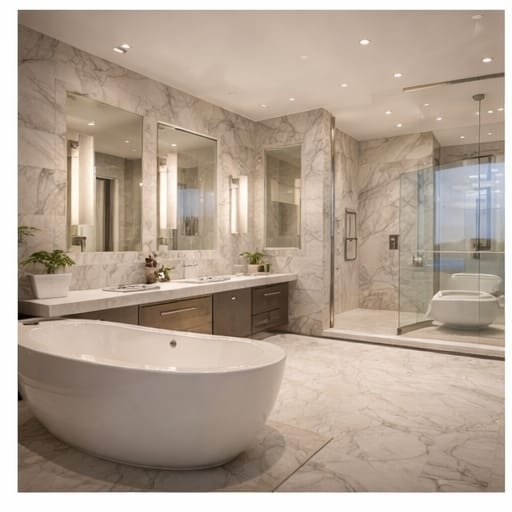 Luxury bathroom renovation in Palm Jumeirah villa with bathtub and glass shower