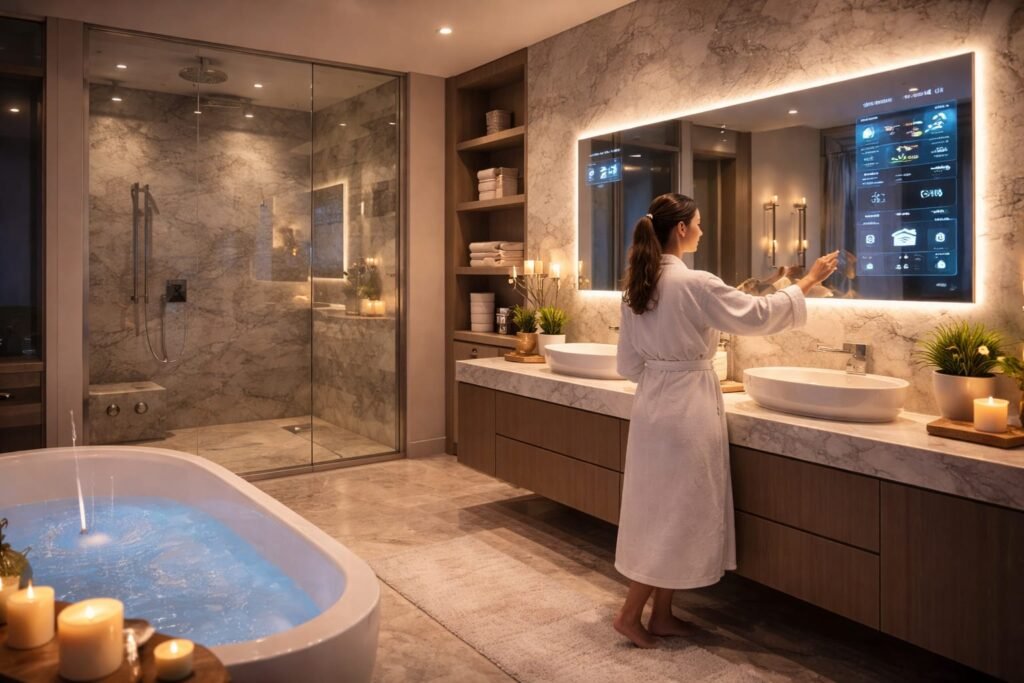 Luxury smart bathroom renovation in Dubai with digital smart mirror and automated lighting.