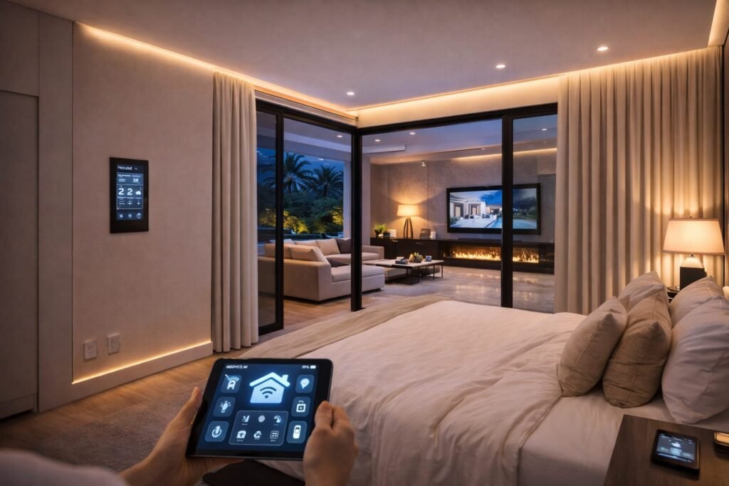 Luxury smart bedroom renovation in Dubai with automated lighting, climate control and motorized