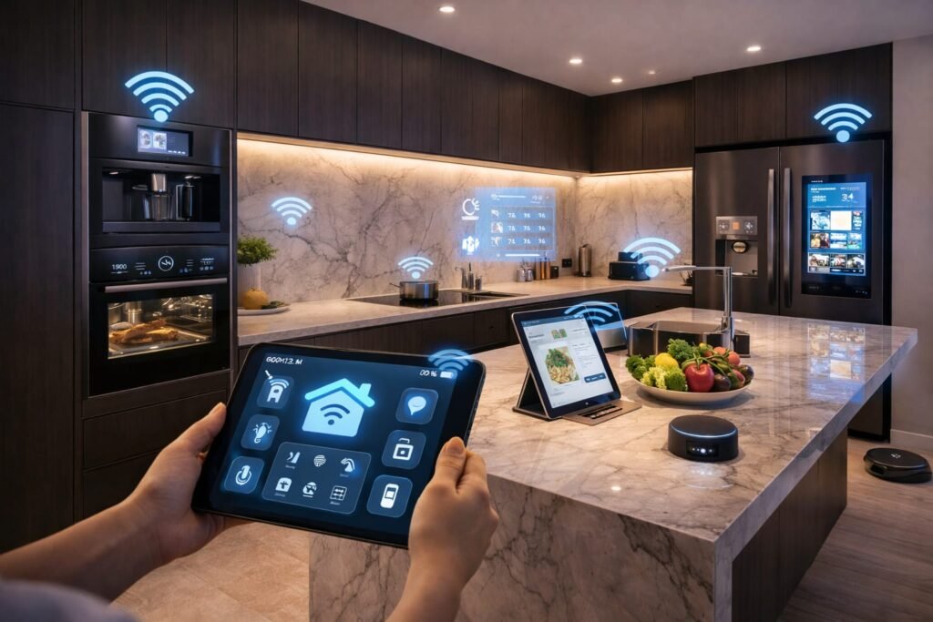 Luxury smart kitchen renovation in Dubai with integrated smart appliances and automated lighting.