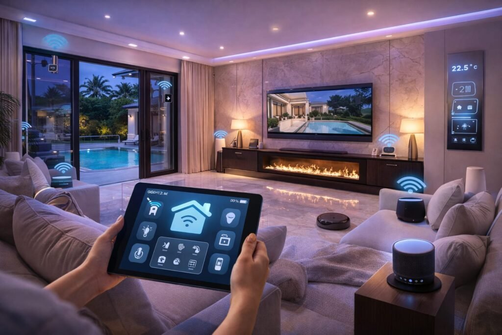 Smart Living Room Renovation Dubai – Automated Lighting and Curtains