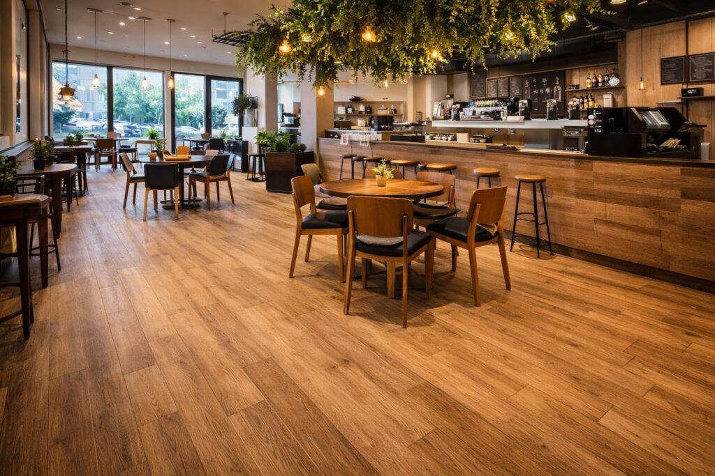 Cafe and bar interior with durable SPC flooring installed in a modern restaurant in Dubai.