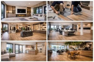 Workers installing SPC vinyl flooring planks during a home renovation project in Dubai.