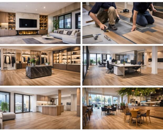 Workers installing SPC vinyl flooring planks during a home renovation project in Dubai.