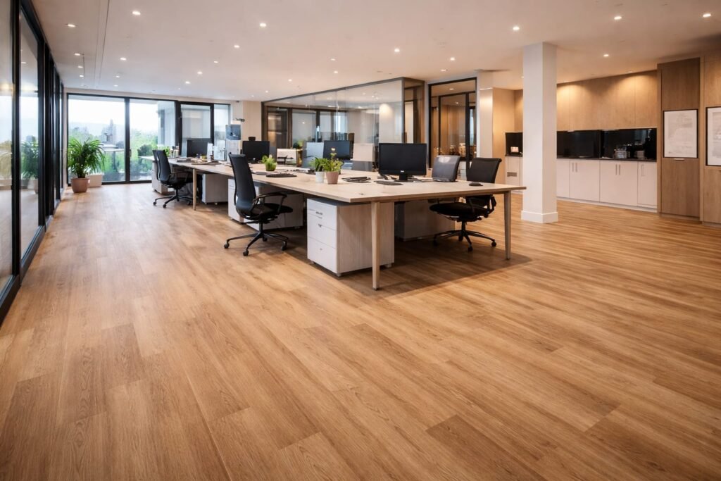 Modern office interior with oak color SPC flooring installed in a Dubai workspace.