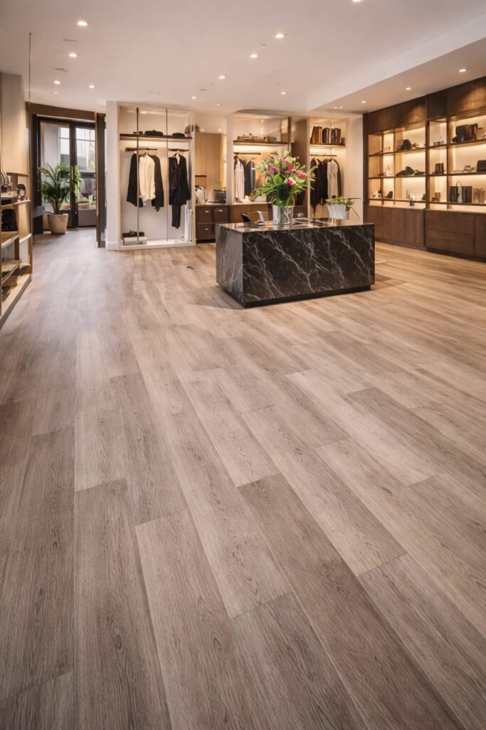 Retail clothing shop interior with grey wood SPC flooring installed in Dubai.