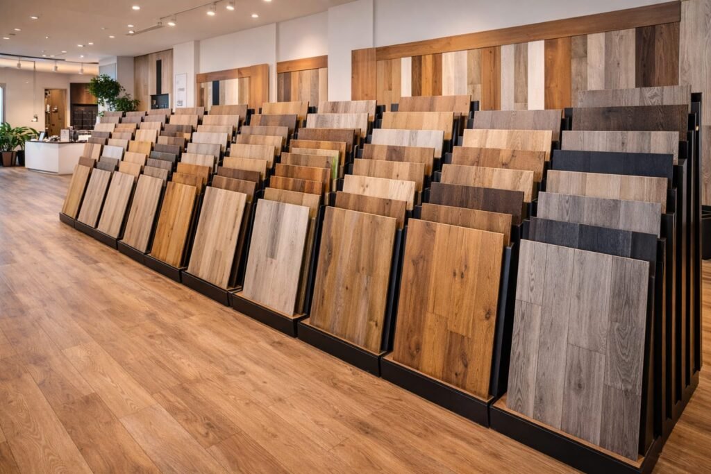 Flooring showroom in Dubai displaying multiple SPC flooring color samples.