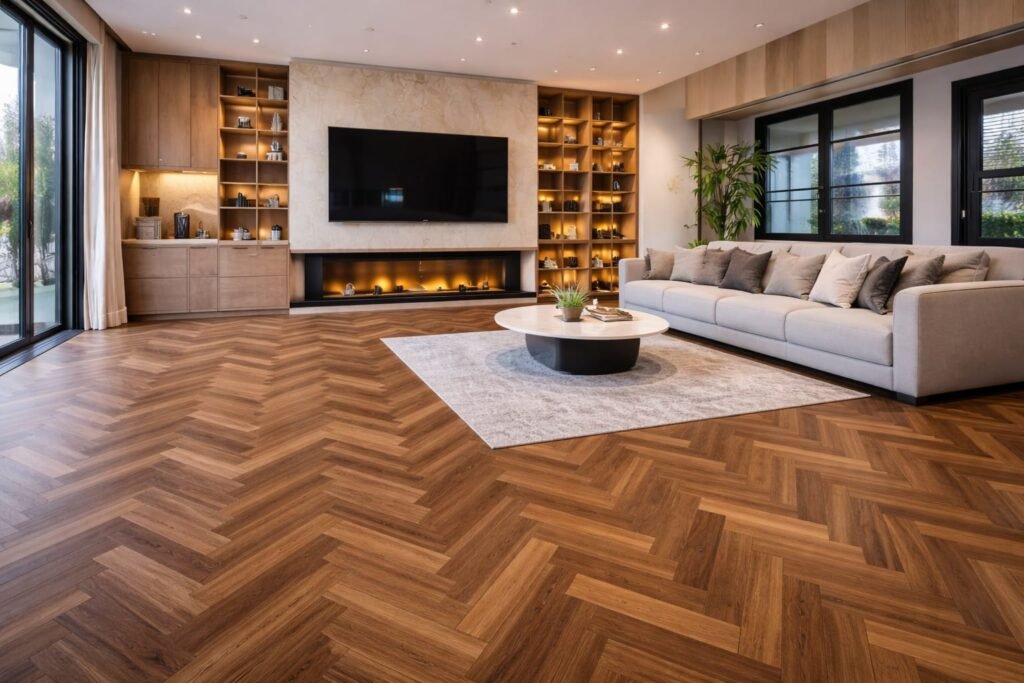 Luxury villa living room with walnut herringbone SPC flooring installed during a modern home renovation in Dubai.