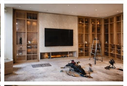 TV wall carpentry installation during renovation with tools and unfinished wooden shelves.