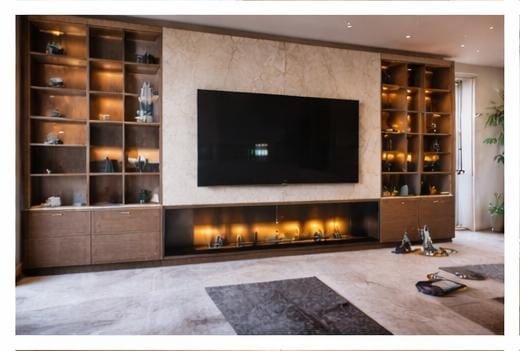 Luxury TV wall carpentry design in Dubai villa living room with wooden shelving and fireplace.