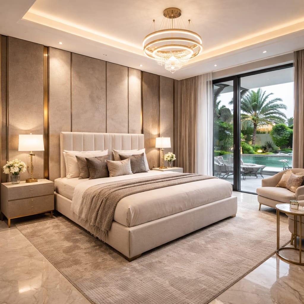Luxury master bedroom interior after villa renovation in Abu Dhabi