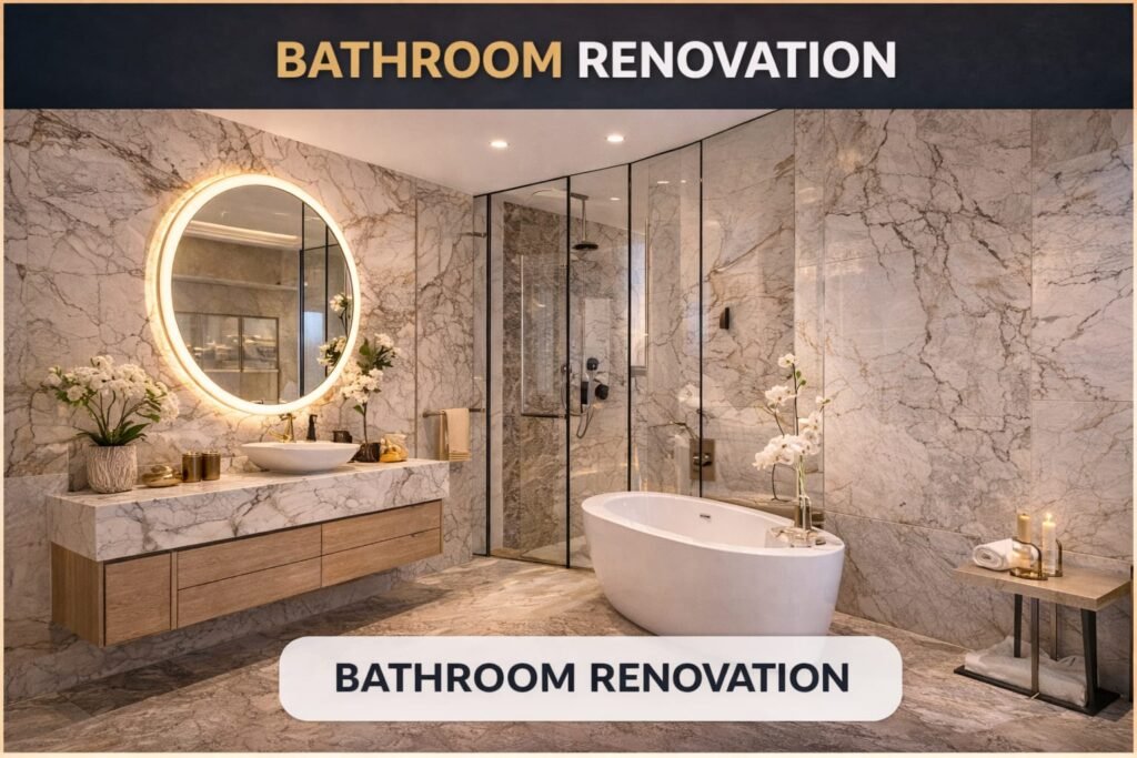 Luxury bathroom renovation in Dubai with modern marble design, bathtub, glass shower, and LED mirror lighting