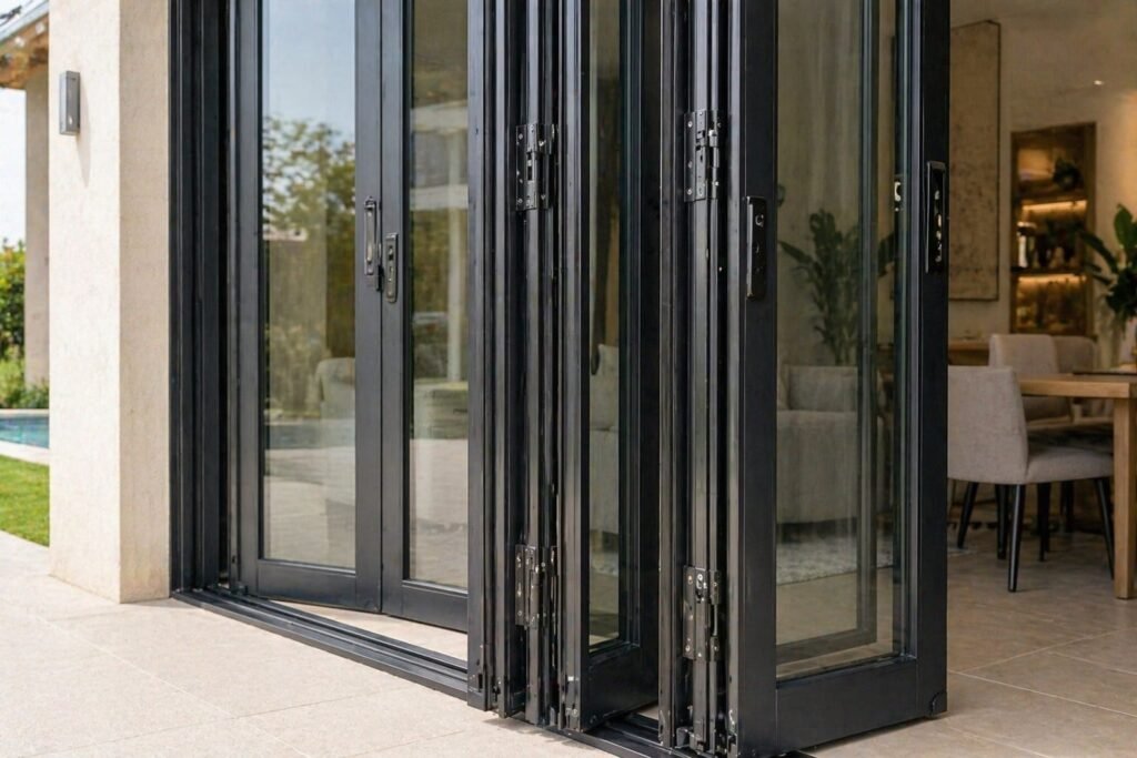 Aluminum folding door close-up showing black frame and glass panels in Dubai villa