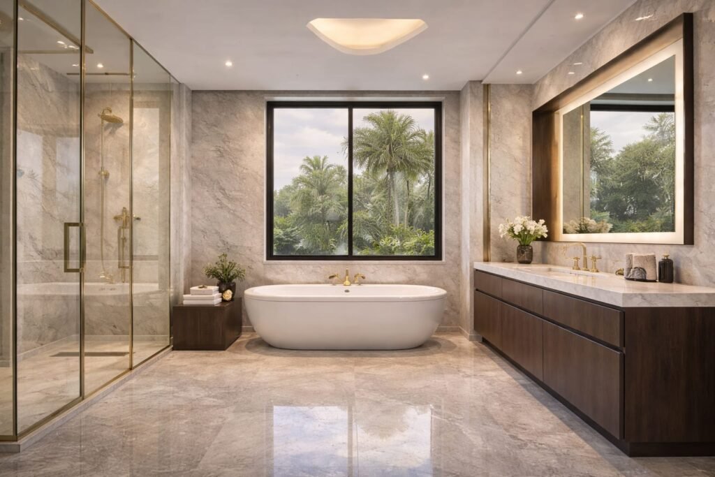 luxury bathroom renovation Abu Dhabi villa walk in shower bathtub modern design