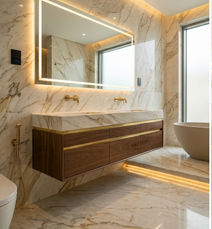 A specialist technician precisely connects sophisticated brass plumbing fittings under a custom walnut double vanity against full Calacatta marble slab walls in a high-end Sharjah villa renovation.