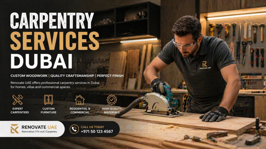 Carpentry Services Dubai by Renovate UAE professional carpenter working wood