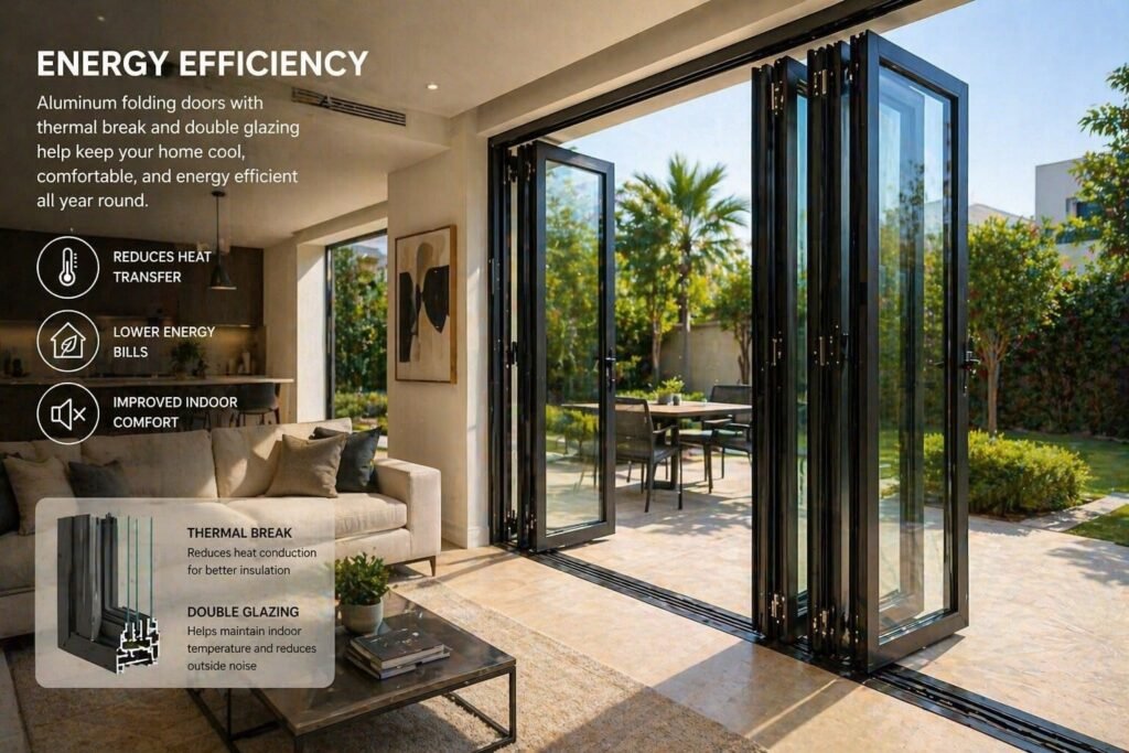 Energy efficient aluminum folding doors with thermal insulation in Dubai villa