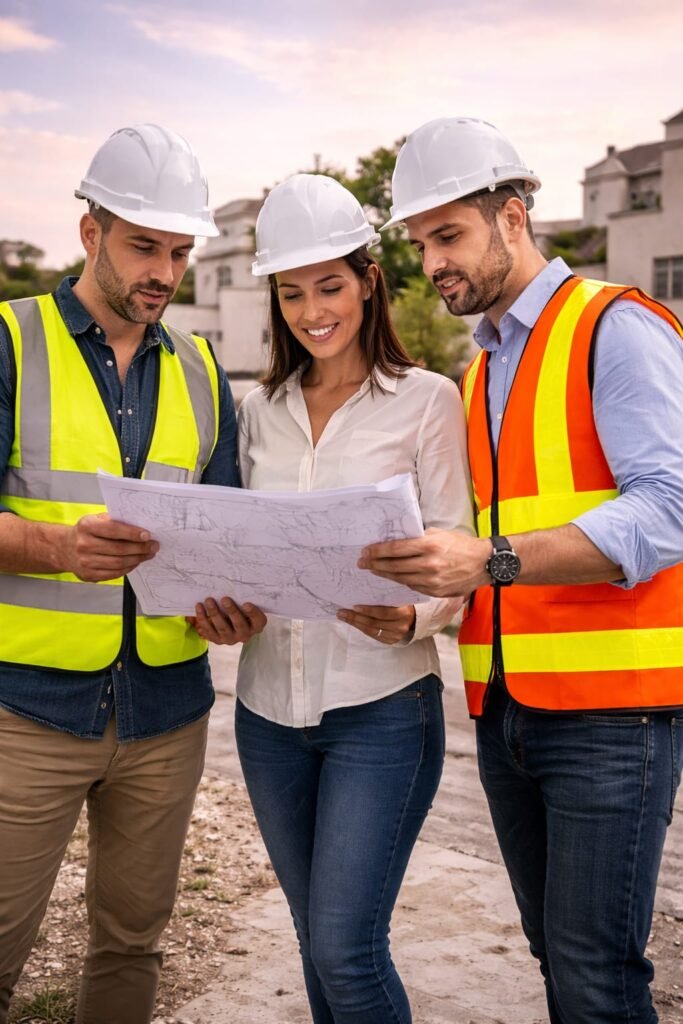 home renovation Dubai company team discussing construction plans on site