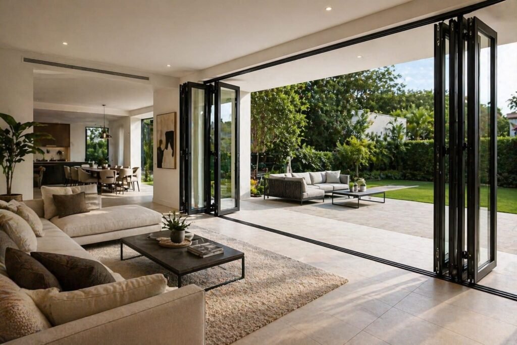 Indoor to outdoor living space with aluminum folding doors in Dubai villa