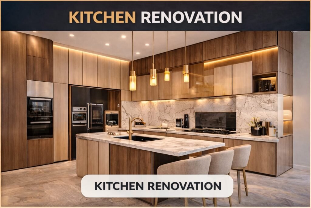 Modern kitchen renovation in Dubai with island design and LED lighting