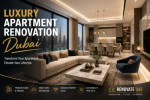 Luxury apartment renovation Dubai modern living room interior with marble finishes and smart lighting