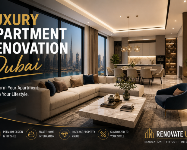 Luxury apartment renovation Dubai modern living room interior with marble finishes and smart lighting