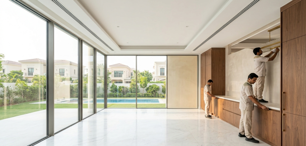 Renovation professionals precisely install custom walnut cabinetry in a luxury UAE villa renovation project.