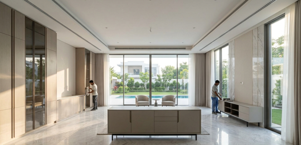 A wide-angle interior view of a modern luxury villa renovation in Dubai, UAE, featuring polished marble floors and large windows.