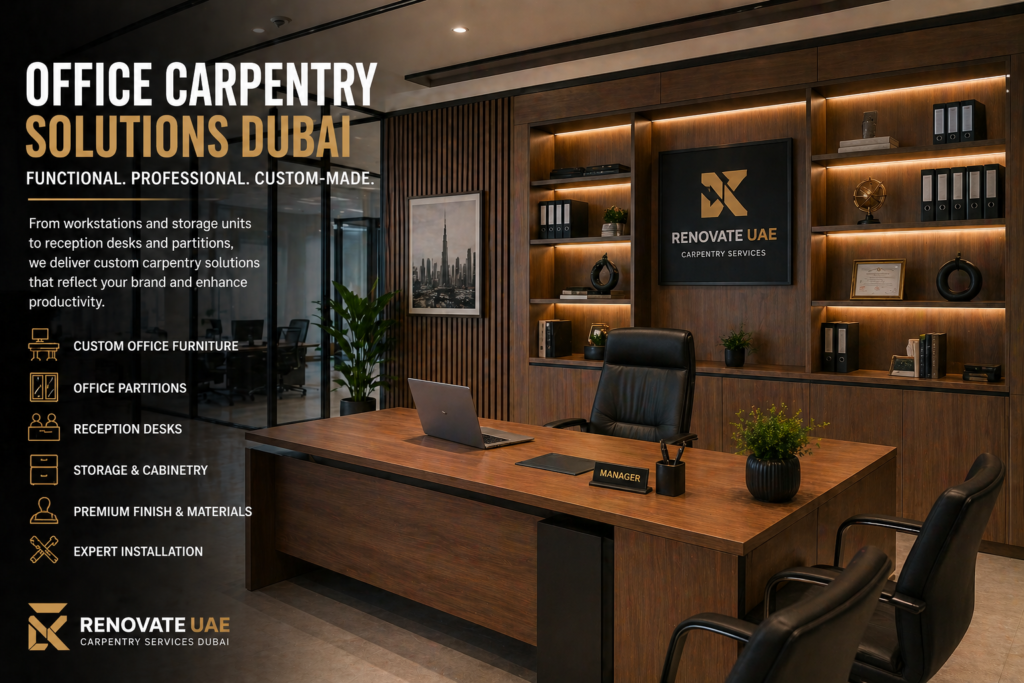 Office carpentry Dubai custom desk reception furniture wood office design